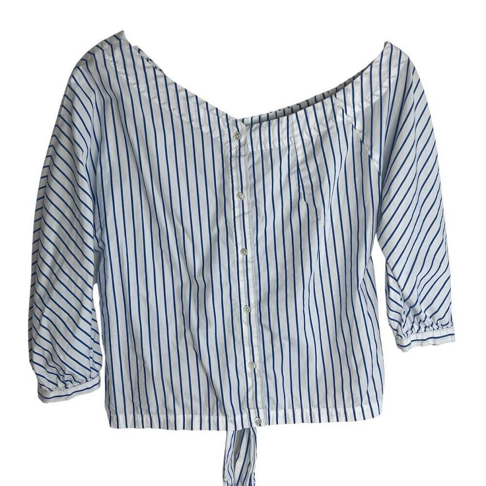 Frame Womens Striped Asymmetrical Off-Shoulder Cut-out Blouse Blue White Small